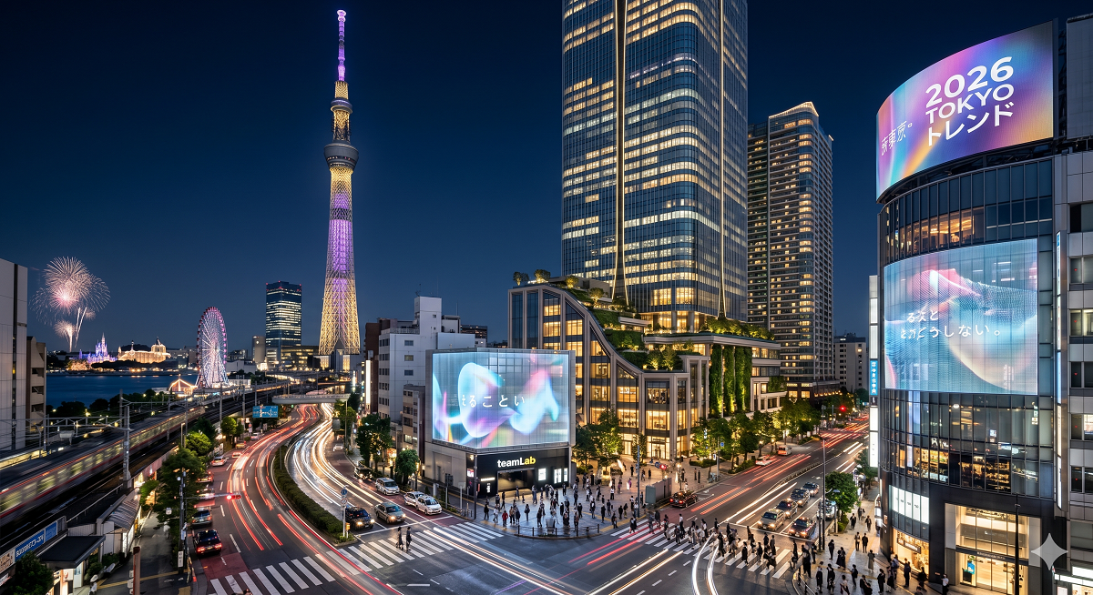 2026年の東京観光トレンド：麻布台ヒルズのteamLab Borderlessと、進化を続ける都市の夜景イメージ