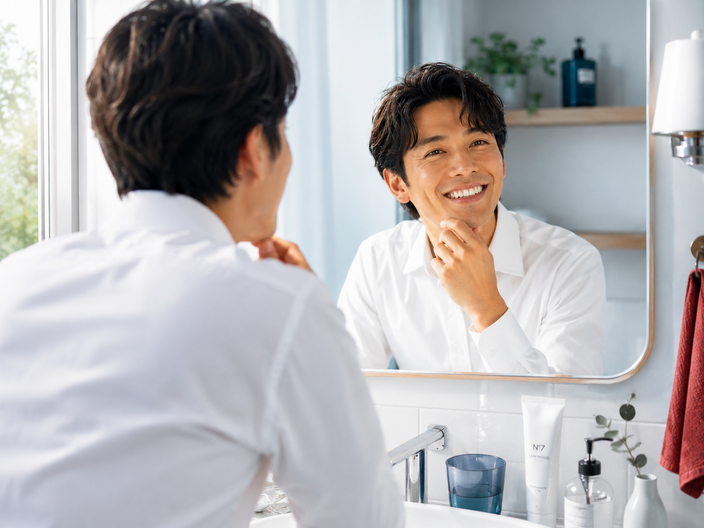 代替テキスト: 口内炎や黄ばみの悩みから解放され、朝の洗面台で自分の白い歯に満足し、自信に満ちた笑顔を見せる30代男性。