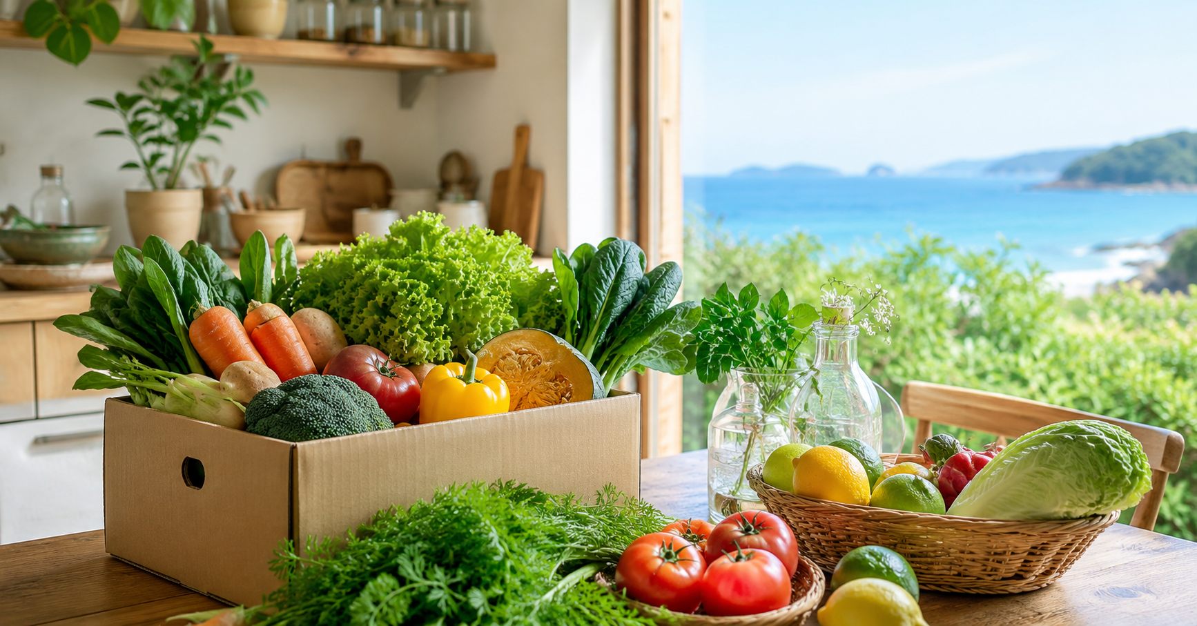 島のキッチンに届いた旬の野菜と果物を並べた、食材宅配のある暮らしをイメージしたアイキャッチ画像