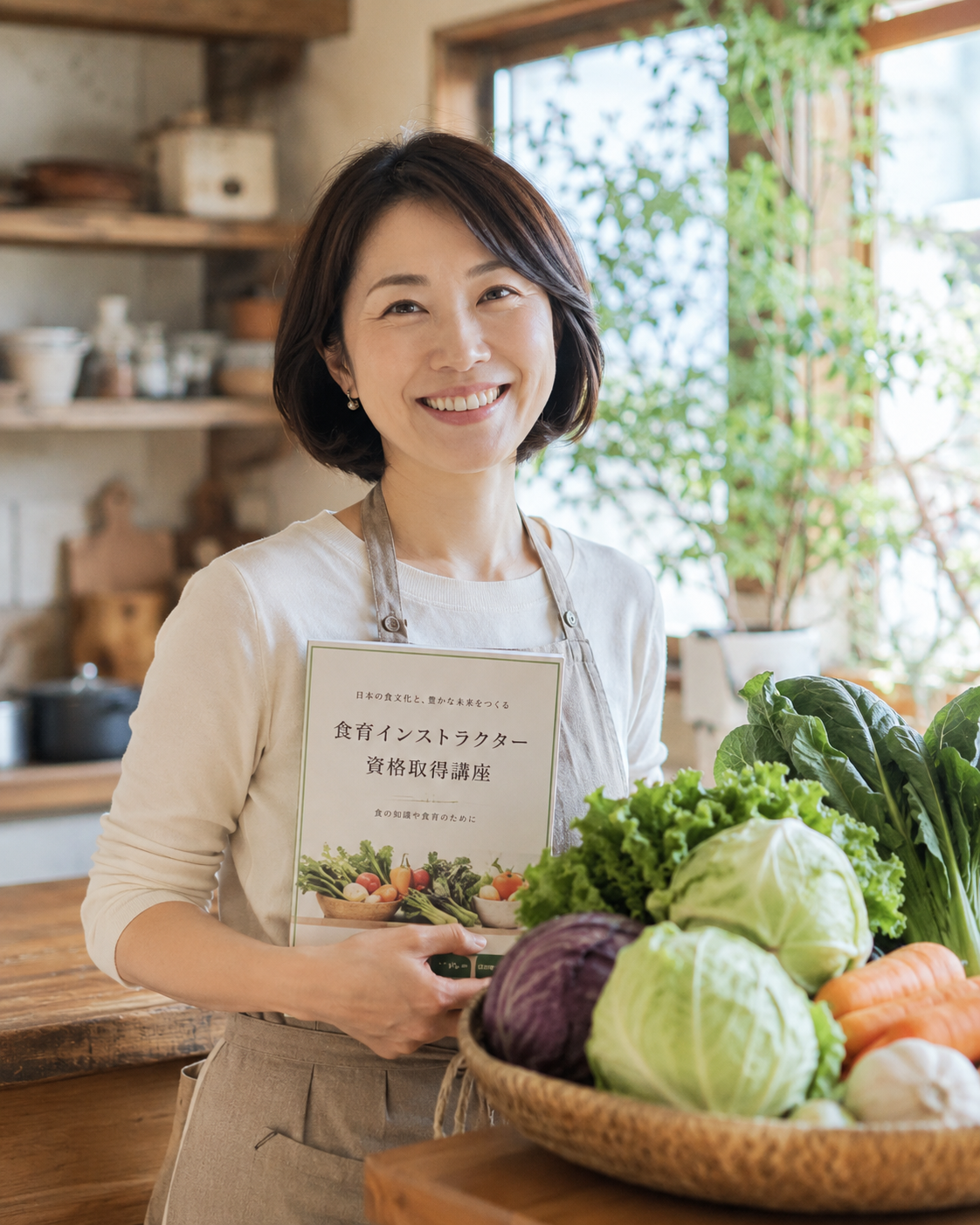 服部幸應の食育インストラクター養成講座の教材を持つ、清潔感のある女性講師のイメージ画像。食のプロとしての信頼感を表現。