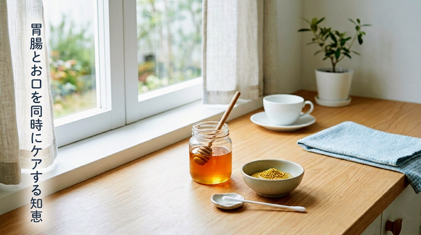 清潔感のある明るいキッチンで、新鮮な野菜とハチミツ、漢方薬(半夏瀉心湯)が並ぶ様子。胃腸とお口を同時にケアする島暮らしの知恵をイメージした、健やかな食卓の風景。