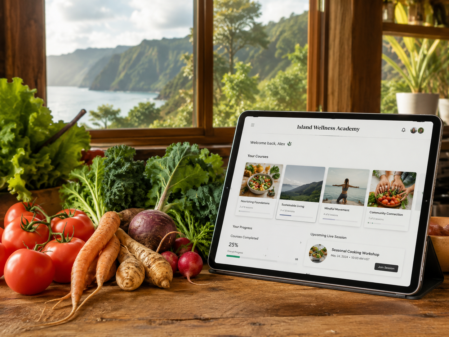 新鮮な野菜のバスケットと、デジタル講座が開かれたタブレットが置かれた島のキッチン。窓から差し込む柔らかな光が、賢い学びの時間を演出している。