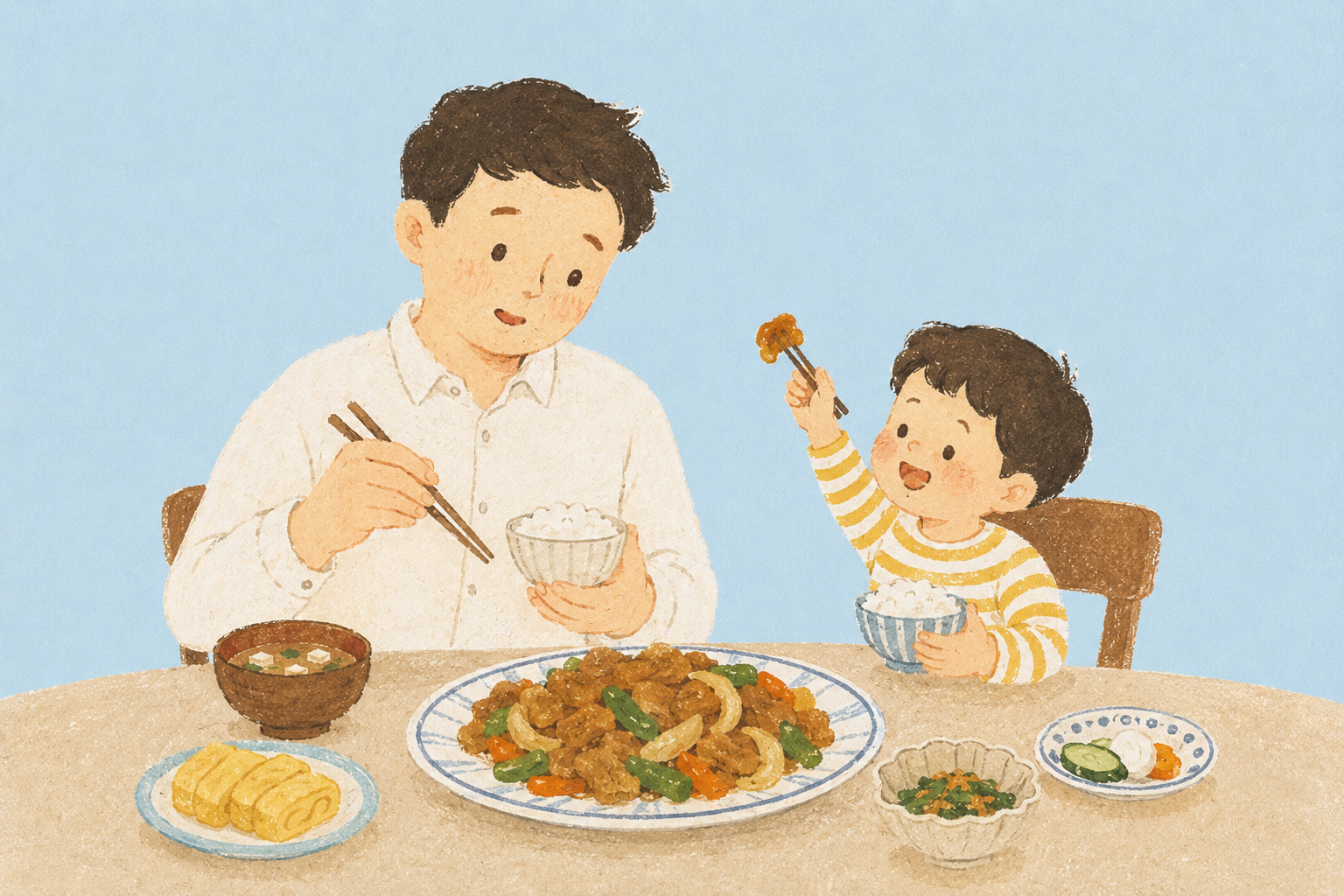 大豆ミートを使った料理を前に、少し不器用そうに微笑む父親と楽しそうな子どものイラスト
