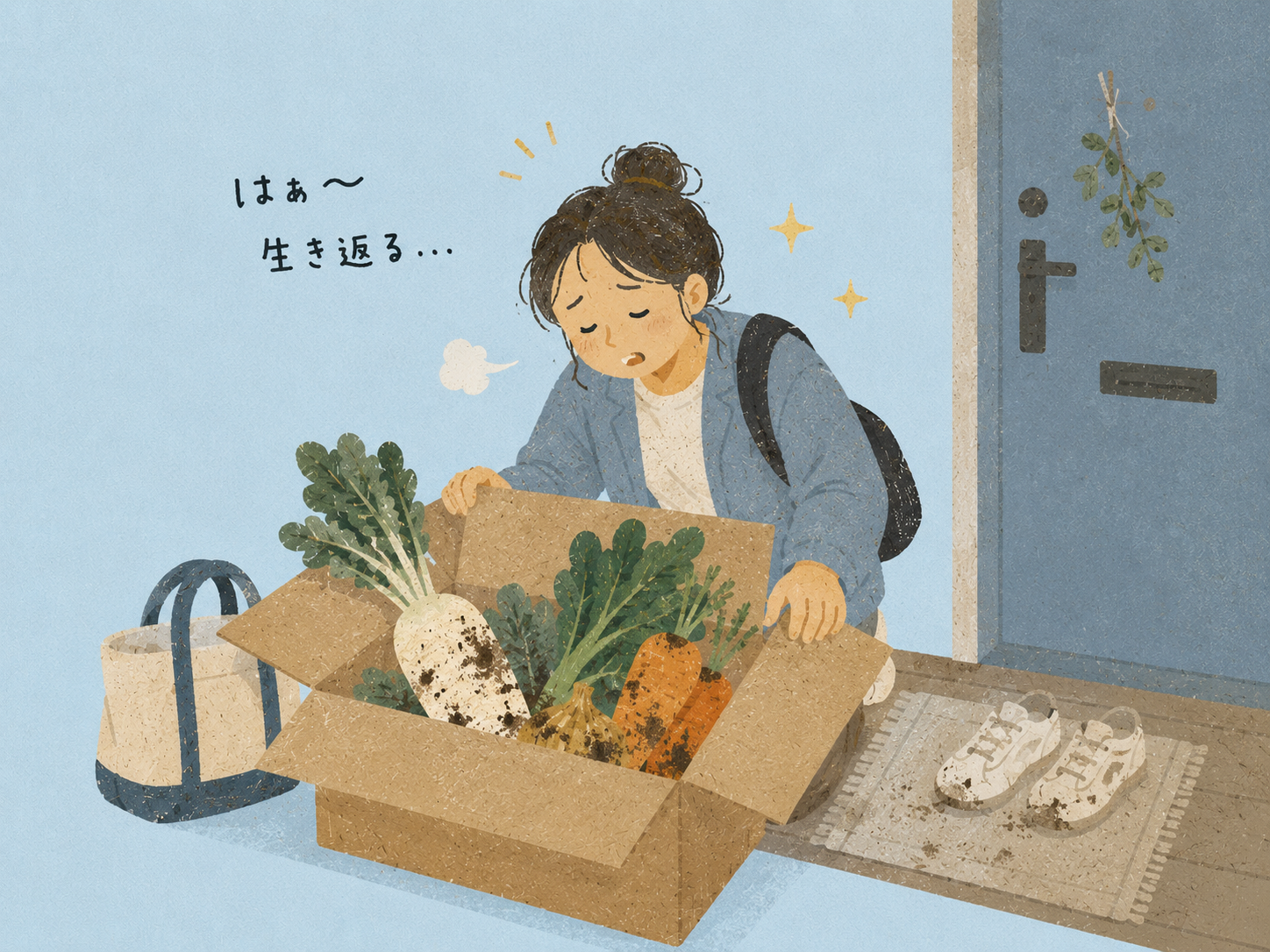 疲れ果てて帰宅した玄関で、泥付きの不揃いなオーガニック野菜が詰まった段ボール箱を開け、謎の安堵感に包まれる風景
