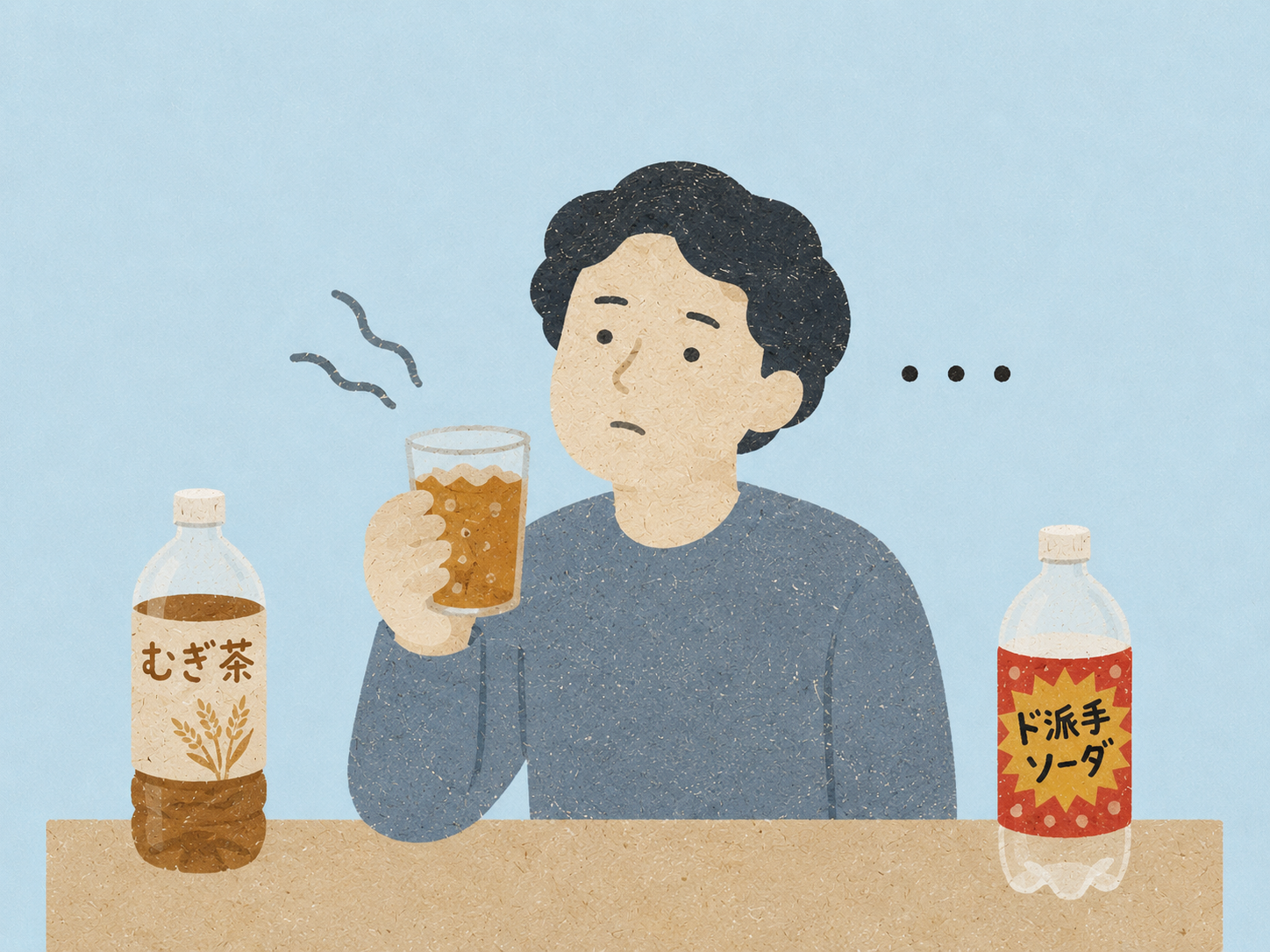 麦茶と派手な炭酸飲料を意気揚々と混ぜ合わせて飲んだ瞬間、予想外の不味さに虚無の表情で遠くを見つめる人物のイラスト