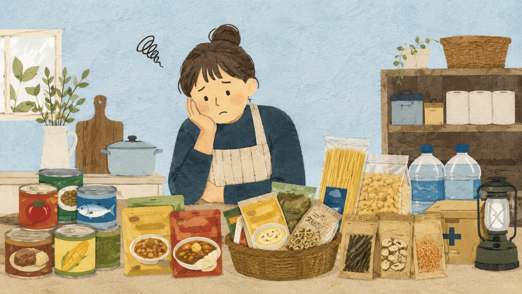 ローリングストック用の食材を見つめながら途方に暮れる大人の姿