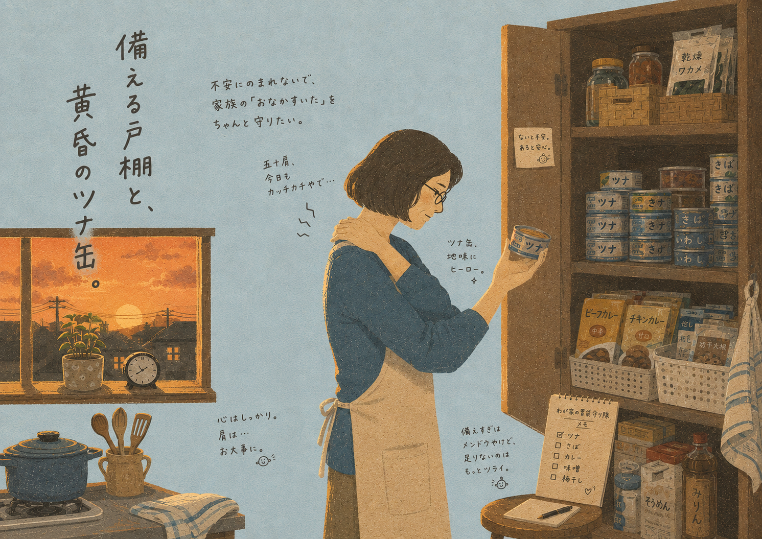 夕暮れのキッチンで、戸棚に並んだツナ缶やレトルト食品などの保存食を確認しながら、いざという時の家族の備えについて考える50代女性の後ろ姿