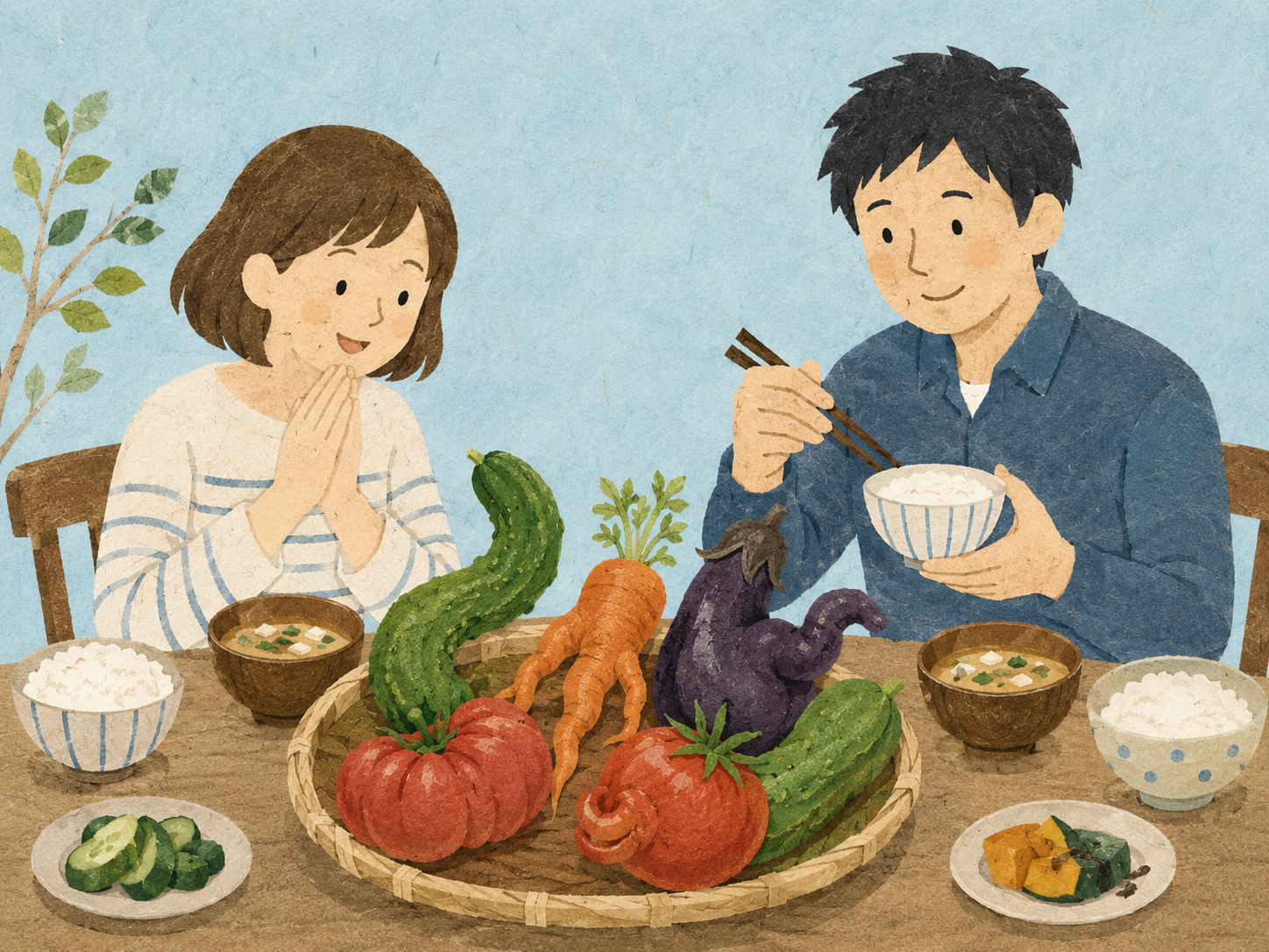 形のいびつな「ふぞろい野菜」を囲む食卓の風景