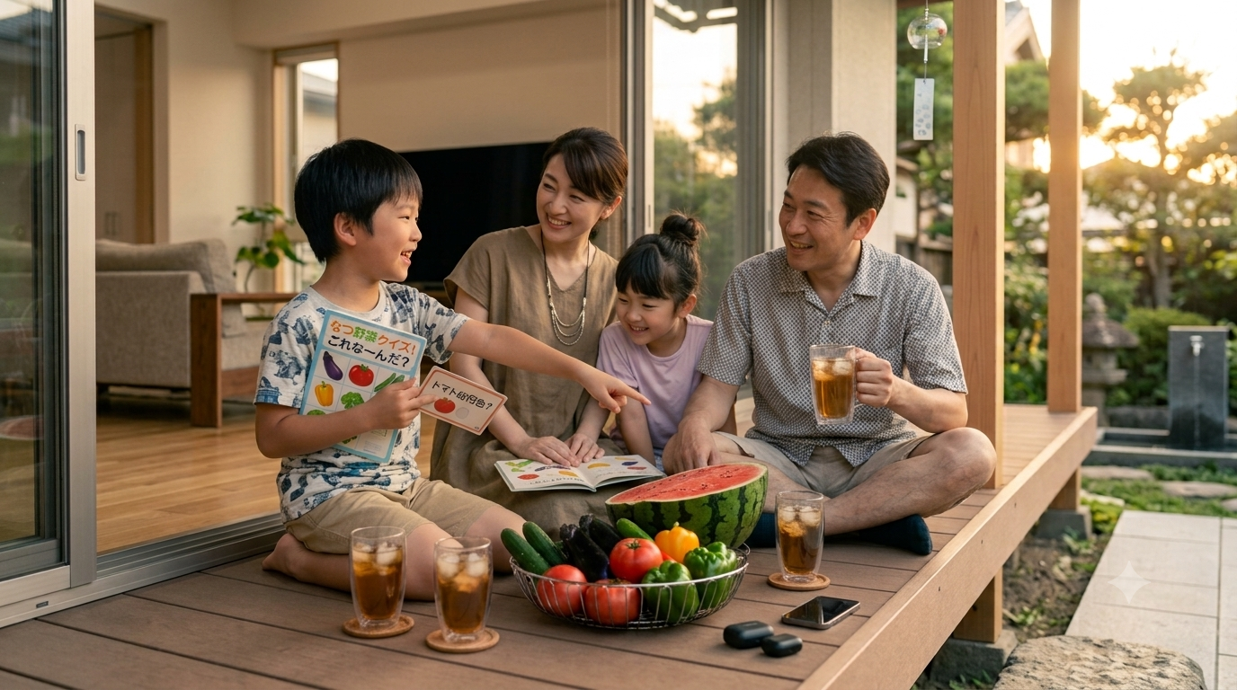 現代風のウッドデッキでスイカや夏野菜を囲み、食べ物クイズを出し合って笑顔で楽しむ4人家族