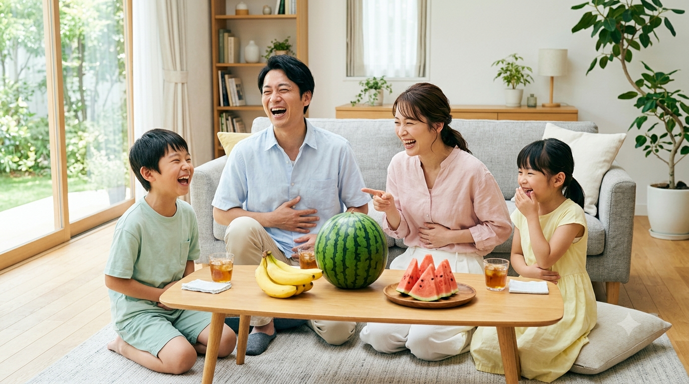 リビングでスイカやバナナを前に大笑いしている現代風の4人家族