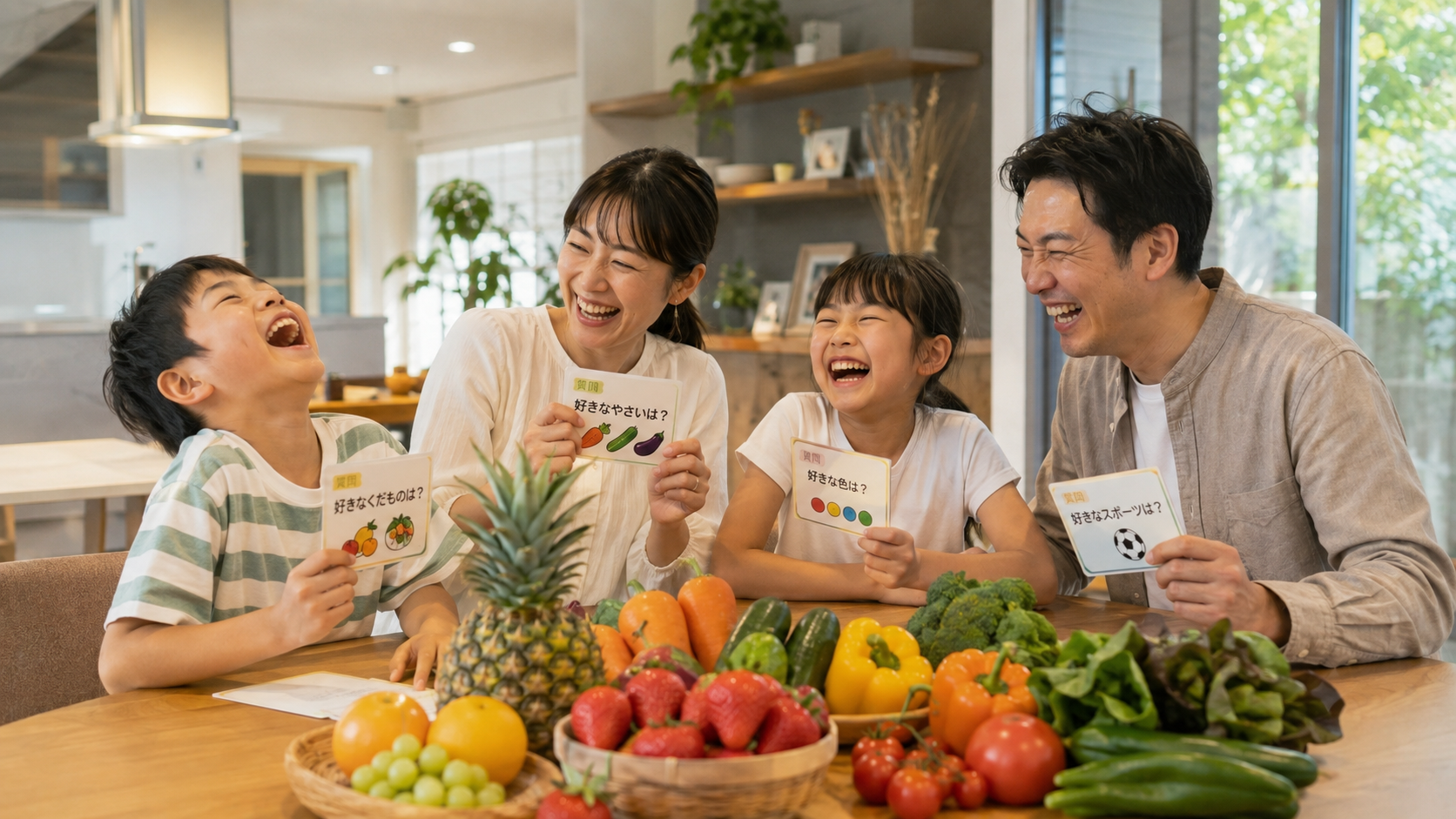 野菜とフルーツのクイズを出し合ってゲラゲラ笑って楽しむ現代の4人家族