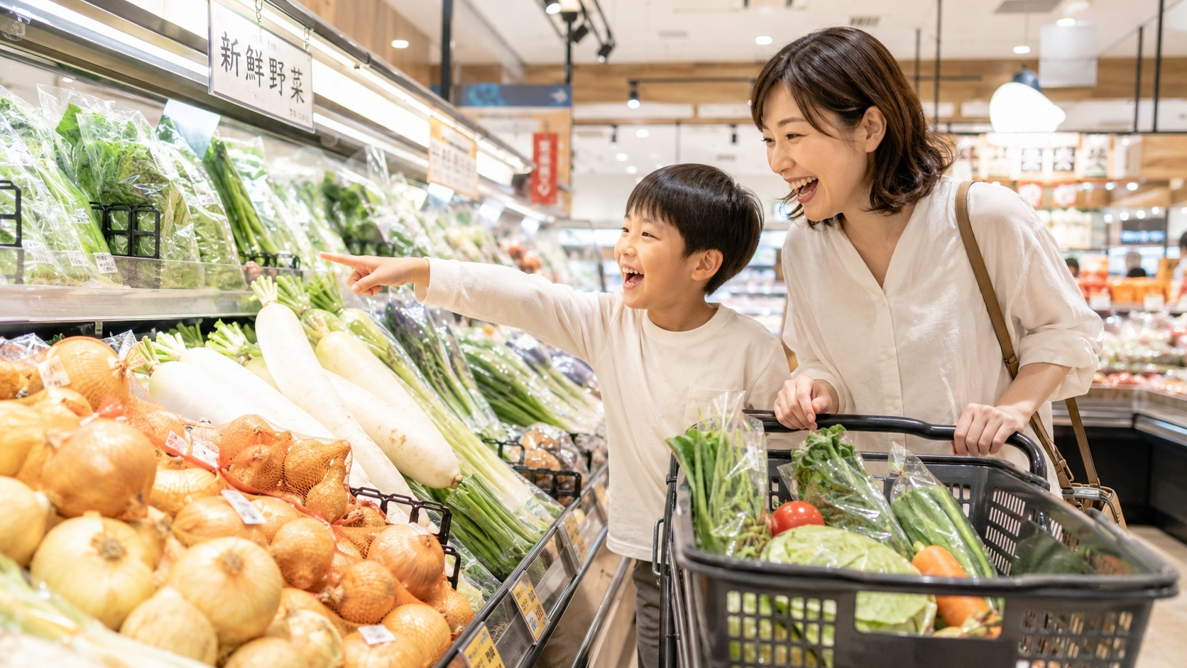 現代のスーパーマーケットの野菜売り場で楽しく買い物をする親子